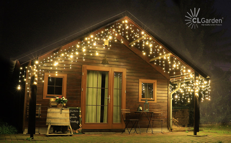 CLGarden Eisregen Lichterkette - Premium Lichtervorhang mit 400 oder 600 warm weißen LEDs an einer Gartenlaube