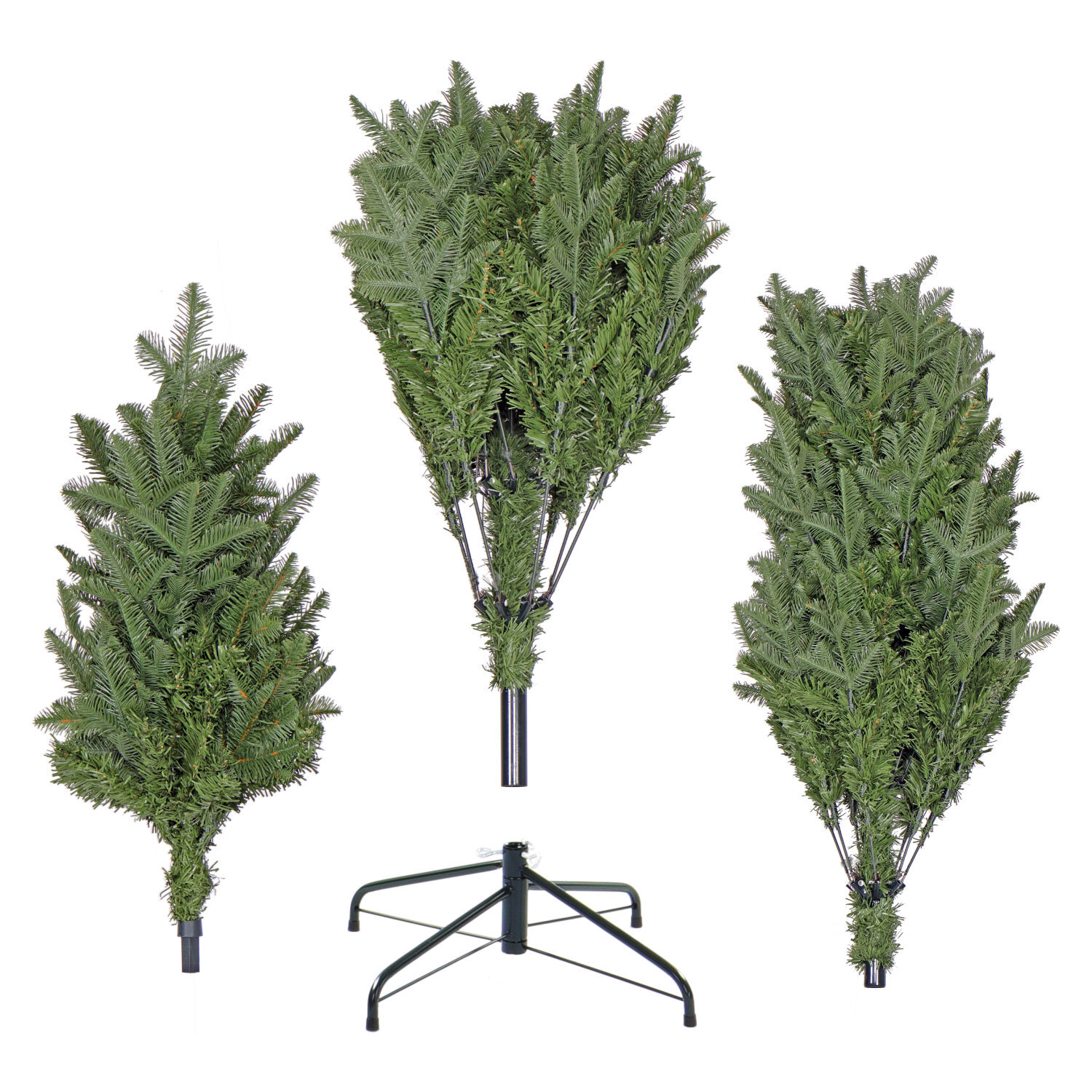 Das Foto zeigt den Lieferumfang des weihnachtsbaums Jorna mit drei zusammengefalteten Stammteilen und dem aufgeklappten Metallständer