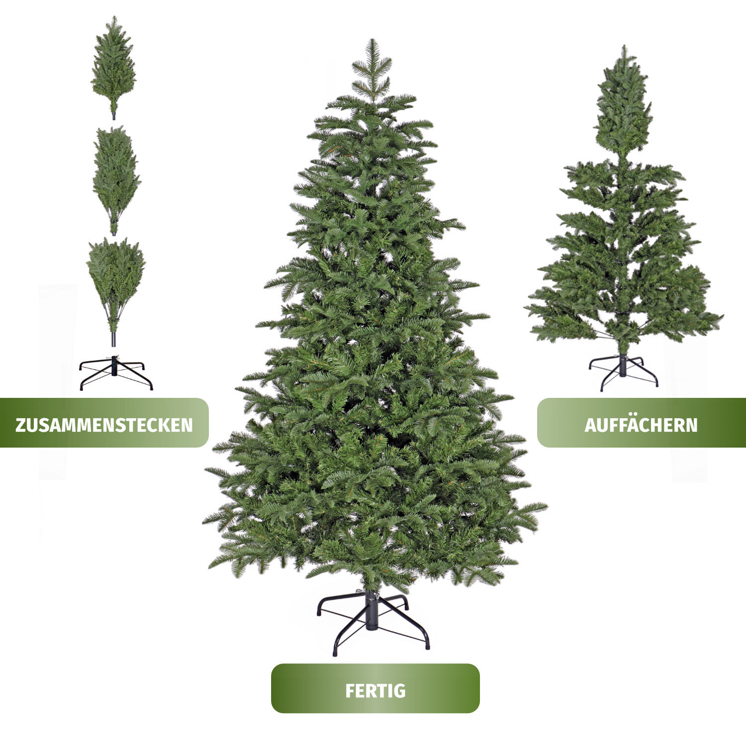 das Foto zeigt die Aufbaustufen des Weihnachtsbaum vom zusammenstecken über das auffächern bis zum fertigen Baum