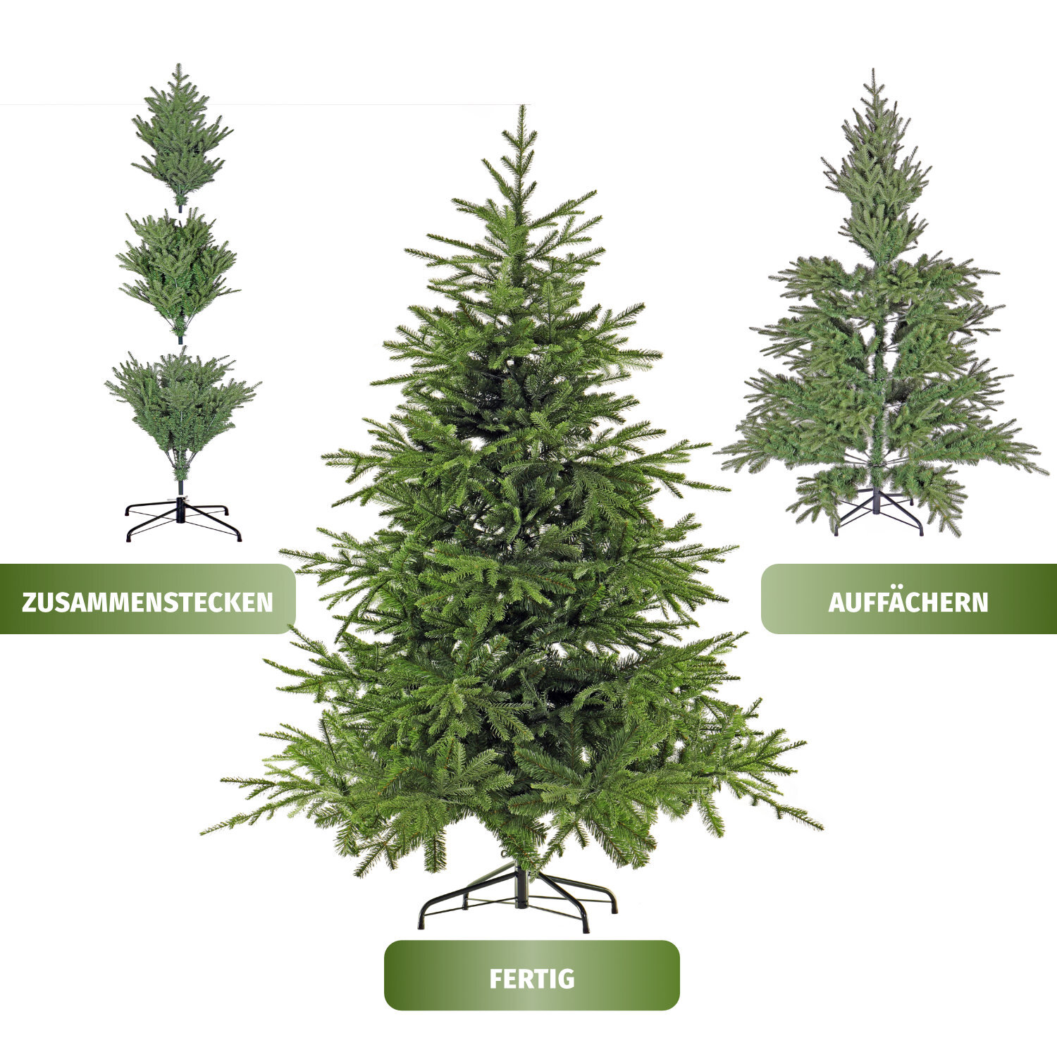 das Foto zeigt die Aufbaustufen des Weihnachtsbaum vom zusammenstecken über das auffächern bis zum fertigen Baum