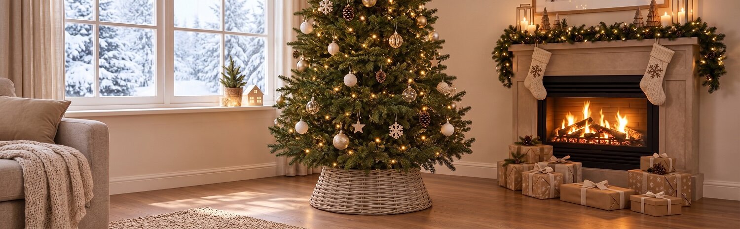 Banner mit Baumrock und dekoriertem Weihnachtsbaum