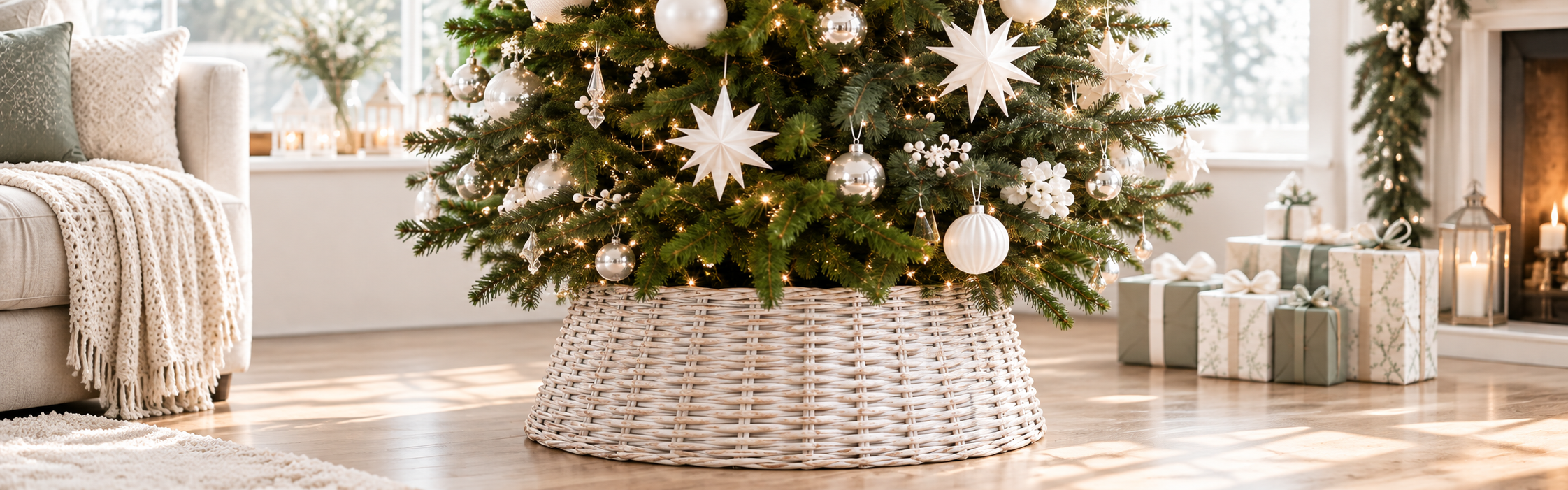 Banner mit Weihnachtsbaumrock um den Weihnachtsbaum, in...