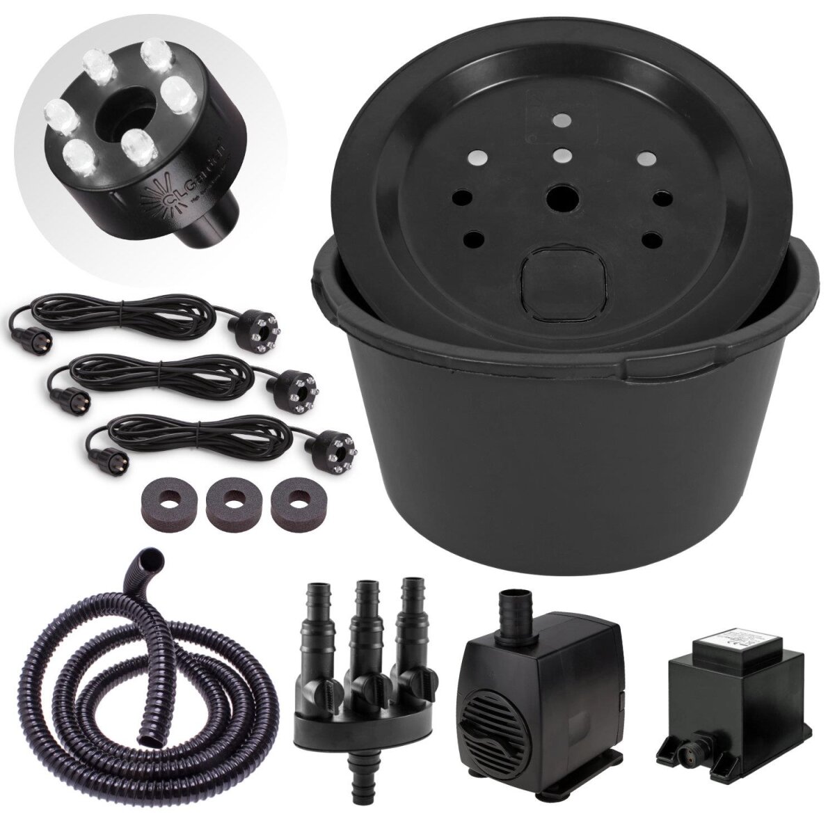 Set mit Springbrunnenpumpe SP3S mit LED Beleuchtung und 150l Becken