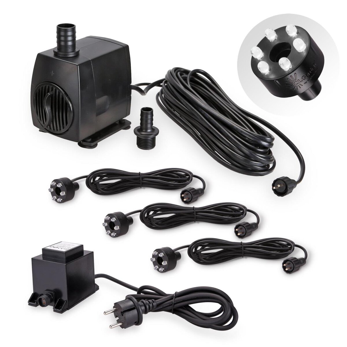 Springbrunnenpumpe SP1 mit LED Ring Beleuchtung und 12V Trafo